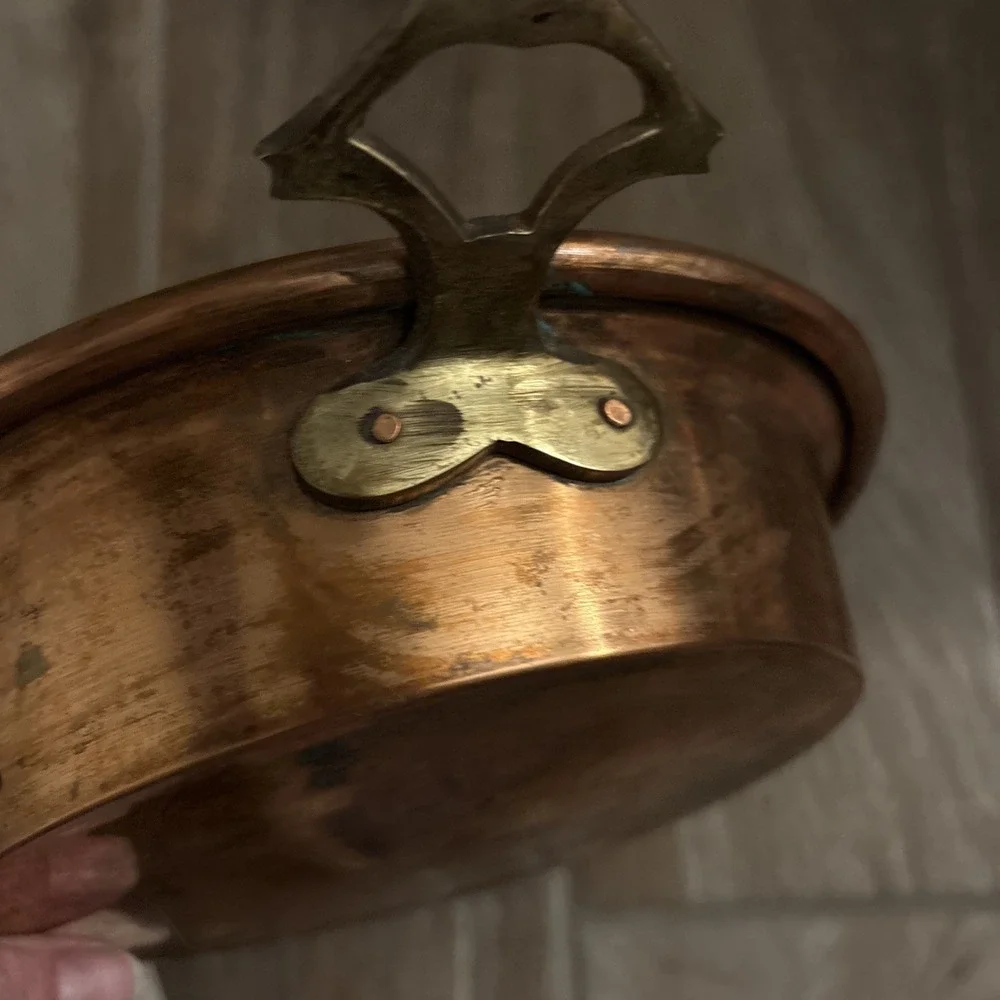 Antique Vtg Copper Saute Pan Pot with Brass‎ Handles 11